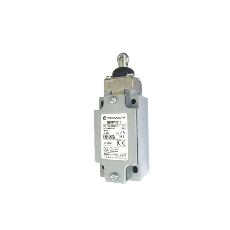 BM1M19Z11   Finecorsa alluminio pistoncino e rotella  nylon e soffietto  contatti a scatto  1NO   1NC  doppio isolamento e apert