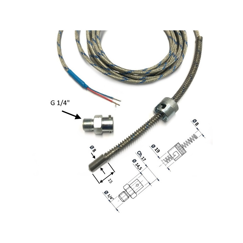 TBA1JDUSI8CA30  Termocoppie  J  Attacco a baionetta calotta Femmina 1/4  con puntale d 8mm x 15 mm con cavo TTS Lc 3 mtl