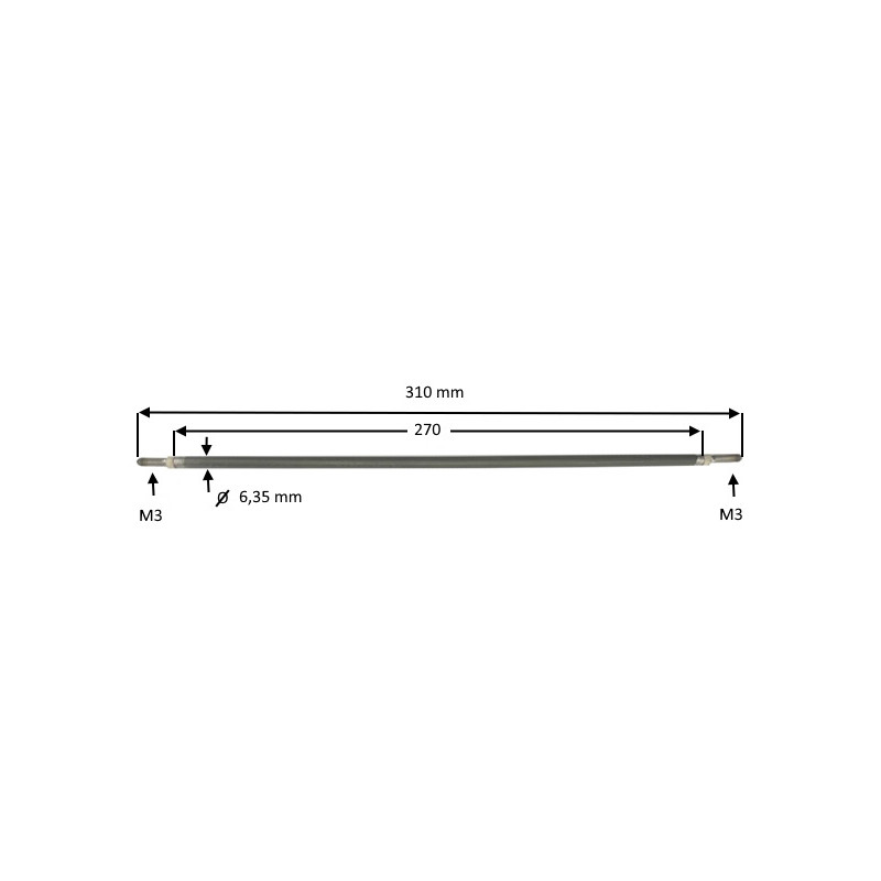 635270  Riscaldatore corazzato lineare  D 6,35 mm  H 270 mm  55V 200W  Perno filettato M3
