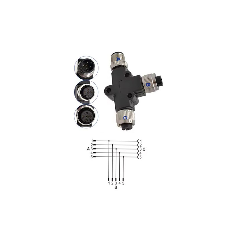 Ripartitore  M12 a T con codifica A  5 pin  femina femina maschio
