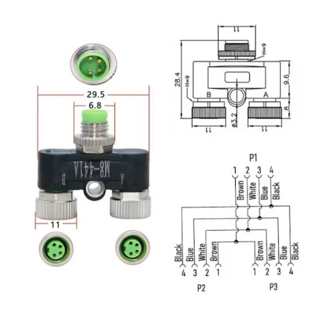 Ripartitore  M8 a T con codifica A  4 pin  femina femina maschio