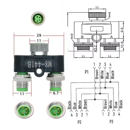 Ripartitore  M8 a T con codifica A  4 pin  maschio maschio femmina