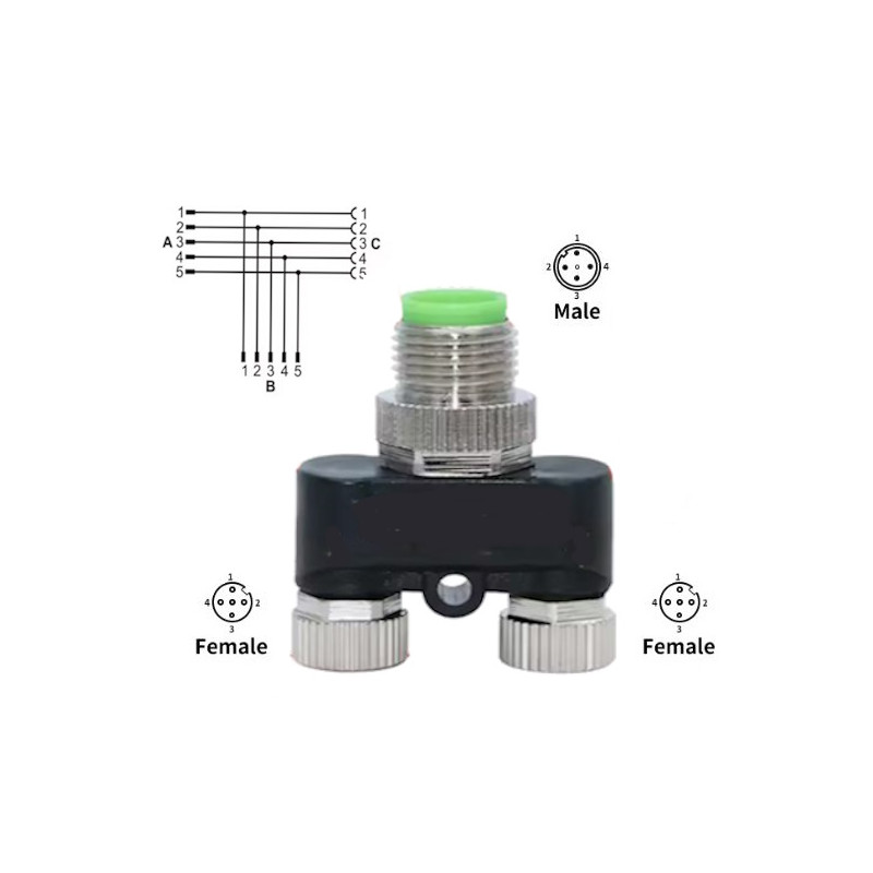 Ripartitore  M12 a T con codifica A  5 pin  femina femina maschio