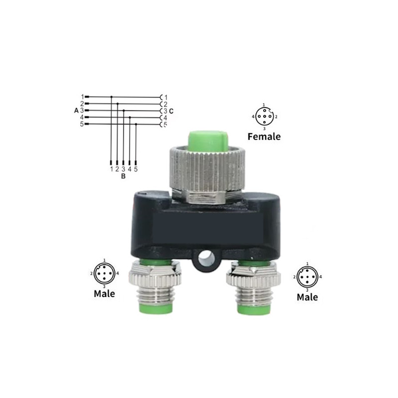 Ripartitore  M12 a T con codifica A  5 pin  maschio maschio femmina