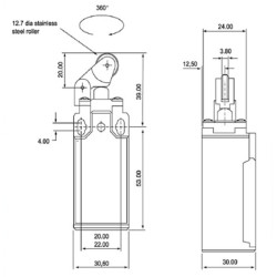 CLS-111  Finecorsa in plastica pistoncino in acciaio inox con rotella in acciaio inox  1NO 1NC  10A 250V IP65  pressacavo M20  N