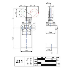 AP1T38Z11  Finecorsa Leva rullo regolabile in plastica su stantuffo metallico corpo tecnopolimero IP65  PG13,5