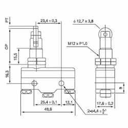 CM-1309   Micro interruttore switch serie CM  in plastica  pistoncino in acciaio inox con rotella in acciaio inox perpendicolare