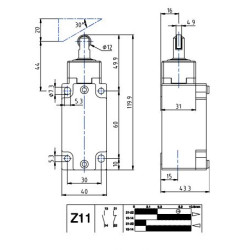 BM1E13Z11  Finecorsa alluminio pistoncino  e rotella  inox  Contatti a scatto 1NO  1NC  doppio isolamento e apertura positiva  P