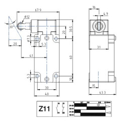 BM1E22Z11  Finecorsa alluminio pistoncino laterale con rotella verticale in acciaio inox Contatti a scatto 1NO   1NC doppio isol