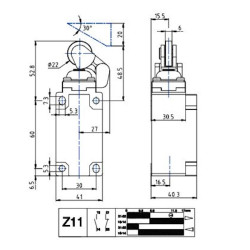 BP1H35Z11  Finecorsa tecnopolimero  a  leva unidirezionale con rotella nylon e cuffia antipolvere Contatti a scatto 1NO  1NC  do