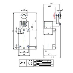 BM1E42Z11  Finecorsa alluminio a  leva con rotella Inox 22mm Contatti a scatto  1NO  1NC  doppio isolamento e apertura positiva 