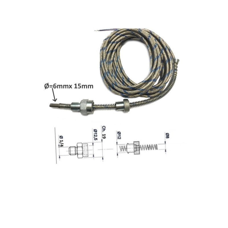 TBA1JDUBI6CA30  Termocoppie  J  Attacco a baionetta calotta Maschio 1/4  con puntale d 6 mm x 15 mm con cavo TTS Lc 3 mtl