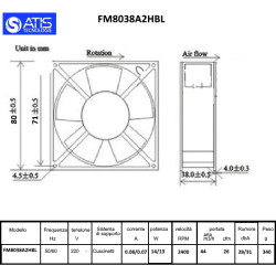 FM8038A2HBL Ventola Assiale 80X80 X 38 con cuscinetto 220VAC  2400Rpm  44m3 h