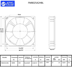 FM8025A2HBL Ventola Assiale 80X80 X 25 con cuscinetto 220VAC  2450 Rpm  27m3 h