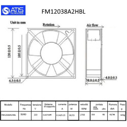 FM12038A2HBL  Ventola  Assiale 120 X120X38 con cuscinetto  220VAC  2700 RPM 153 m3 h