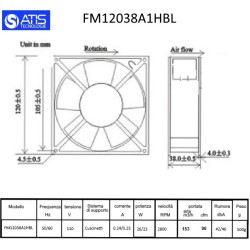 FM12038A1HBL  Ventola assiale 120x120x38 con cuscinetto 110VAC 50 60Hz   2200RPM  153 m3/h