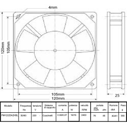 FM12025A2HBL  Ventola Assiale120 X120 X 25 con cuscinetto 220VAC 2400Rpm  76 m3/h