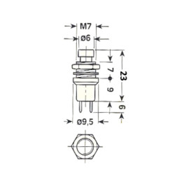 A2412  Pulsante momentaneo 6mm corpo in ottone cromato  fissaggio al pannello con dado tasto  rosso  funzione NA 1A 125V