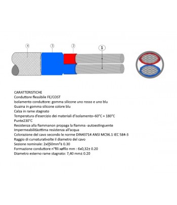 GGAJ2X050   Cavo di compesazione tipo J  FE COST Sez 2X0,50mm² Isolamento silicone  schermatura garza rame stagnata  IEC 584-3 c