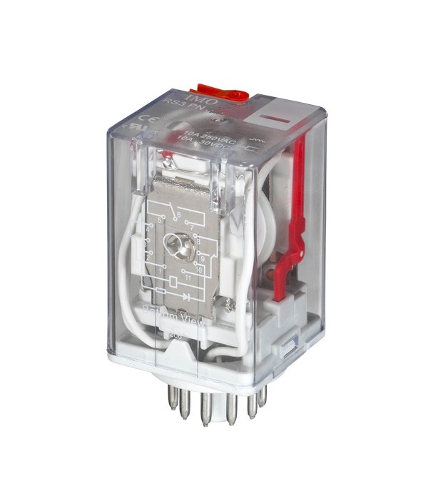 RS2PN24DC Relè di potenza per uso generico 2PCO, 10A, 24Vdc, Plug-in, LED e test manuale.Basi: SRP8, SRR8, SRR8-M