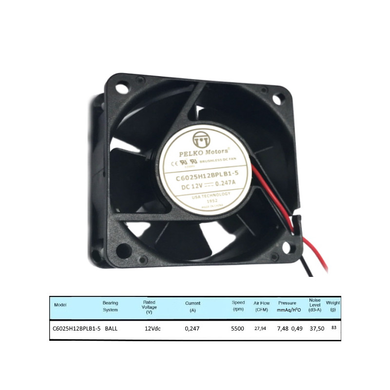 C6025H12BPLBP1-5  Ventola assiale 60 X 60 X 25  12Vdc  5500 RPM  coll cavi  Lc  270mm  Rotazione su cuscinetti