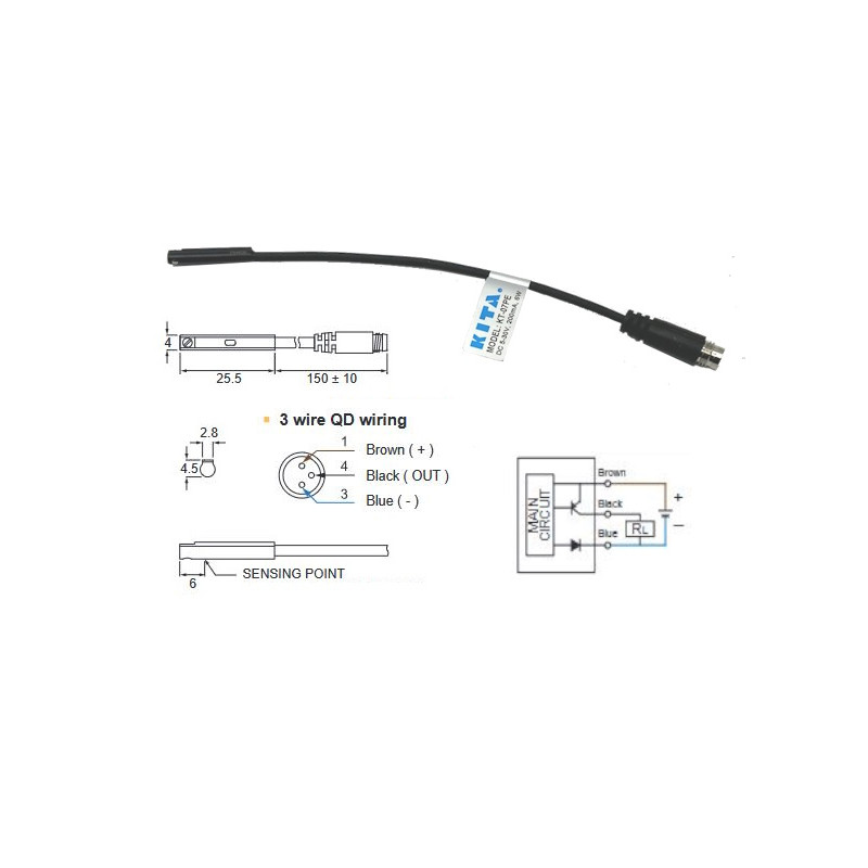 KT-07PEQD   Sensore magnetico  5 30Vdc  PNP  NO  3 Fili  cavo 150 mm  conn  M8