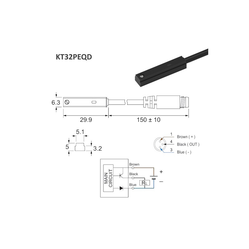 KT32PEQD  Sensore magnetico Reed  10 30 Vdc  PNP  NO  3P  Conn  M8