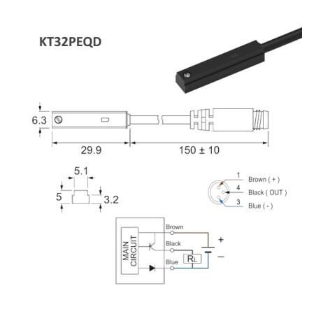 KT32PEQD  Sensore magnetico Reed  10 30 Vdc  PNP  NO  3P  Conn  M8