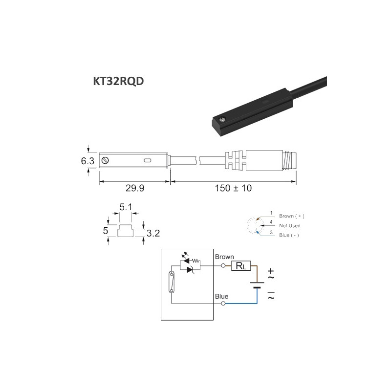 KT32RQD    Sensore magnetico resistivo  5  240Vac dc   NO   2Fili  Conn  M8