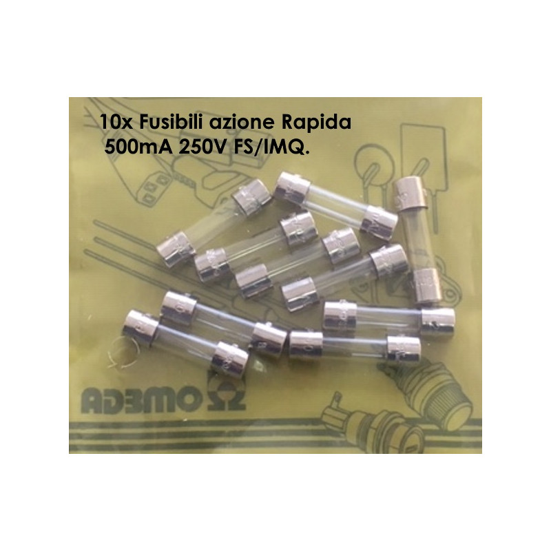 SF522150  Fusibili azione Rapida 5X20mm 500mA 250V FS/IMQ. Confezione da 10 Pcs.