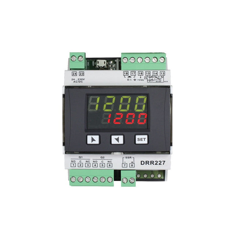 DRR224-12ABC   Regolatore triplo setpoint din rail  1 Ingr analogico   1 Ing  TA   2 Relè 5 A   1 SSR 12 Vdc  Alim  24   230Vac 