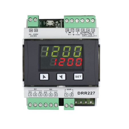 DRR224-12ABC   Regolatore triplo setpoint din rail  1 Ingr analogico   1 Ing  TA   2 Relè 5 A   1 SSR 12 Vdc  Alim  24   230Vac 