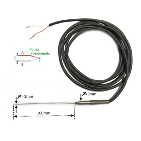 2000.00.393  Termocopia tipo J Fe Co   MGO Isolata D1 X 100 mm  cavo in guaina silicone nero LG 1 mtl  con molla antipiega  ANSI