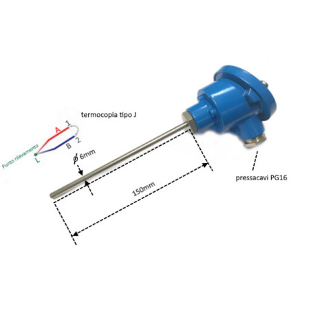 2000.00.496  Termocoppie  J  d 6X150 Aisi 304 MGO con testa DIN B