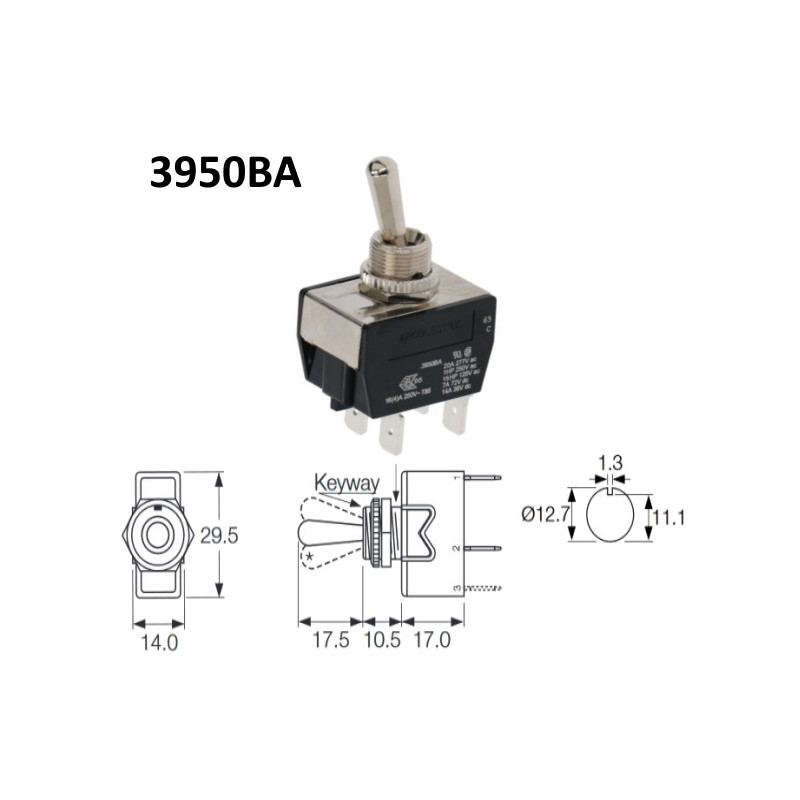 3950BA  Interruttore bipolare  a leva metallo due posizioni ON  OFF 16A   250V  Coll  faston