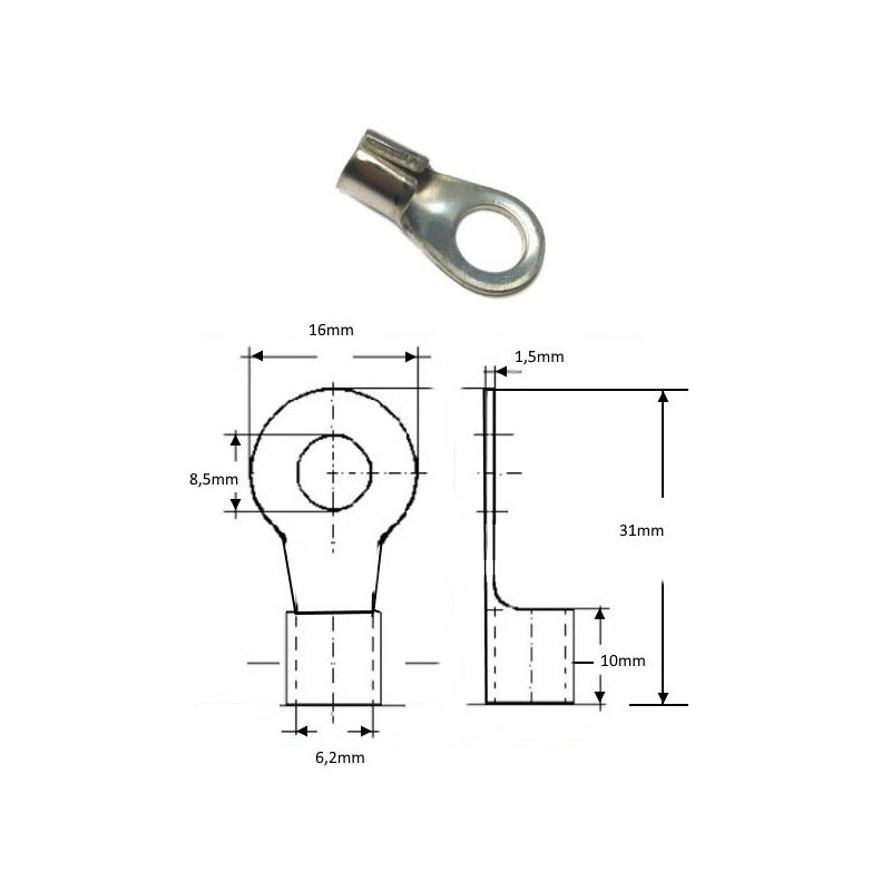 8054-8  Capicorda Inox foro  D 8,5mm per cavo sez 10 16 mmq