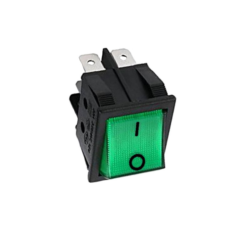 A2280V  Interruttore bipolare 16A 250Vac  tasto luminoso verde  snap in 22x30 con simboli  O I