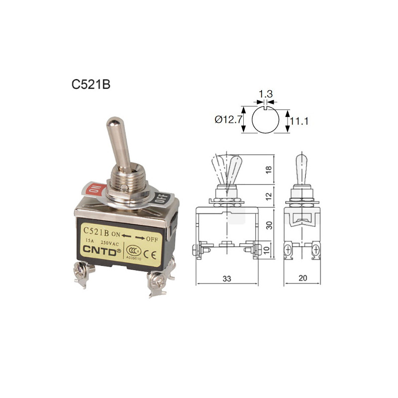 C521B  Interruttore bipolare  a leva metallo due posizioni ON OFF  15A 250V  collegamento a vite