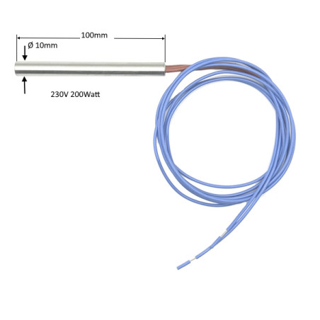 102002300200  Riiscaldatore Ø 10 X100mm lungh  230V 200W Cavo 1000 mm silicone