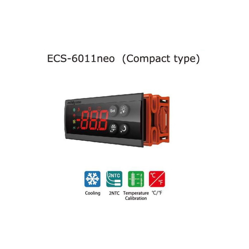 ECS-6011NEO  Termoregolatore 32X74 mm Funzioni di termostato ON OFF e allarme  sbrinamento  2 Ingr NTC   1 uscita Relè 17Amp  Al