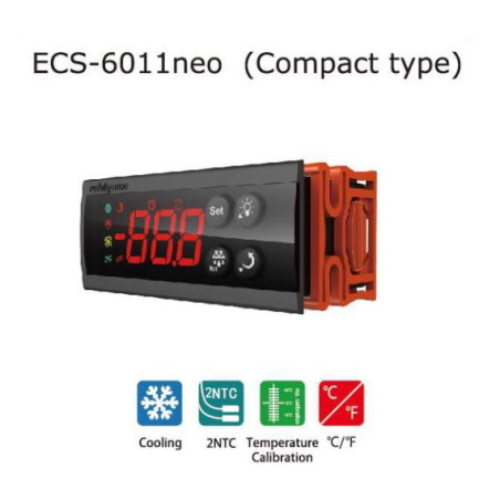 ECS-6011NEO  Termoregolatore 32X74 mm Funzioni di termostato ON OFF e allarme  sbrinamento  2 Ingr NTC   1 uscita Relè 17Amp  Al