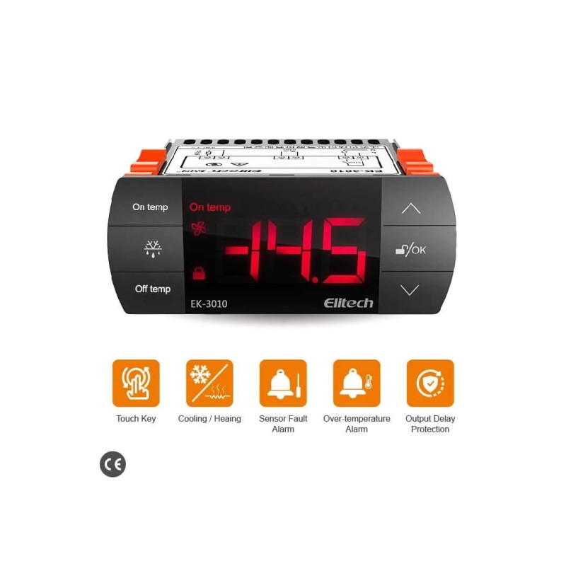 EK-3010  Termoregolatore 32X74mm Funzioni di termostato ON OFF e allarme  1 Ingr  NTC  1 Relè 10Amp Alim 220 VAC  inclusa Sonda 