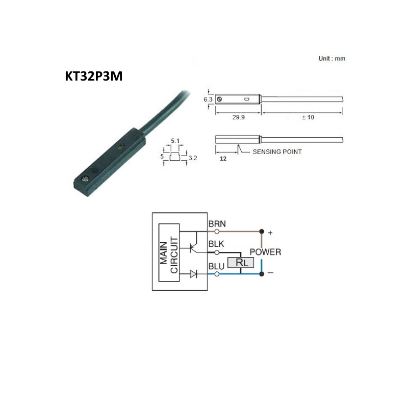 KT32P3M  Sensore magnetico resistivo  10 30Vdc  PNP  NO   3 Fili  Cavo 3 mtl