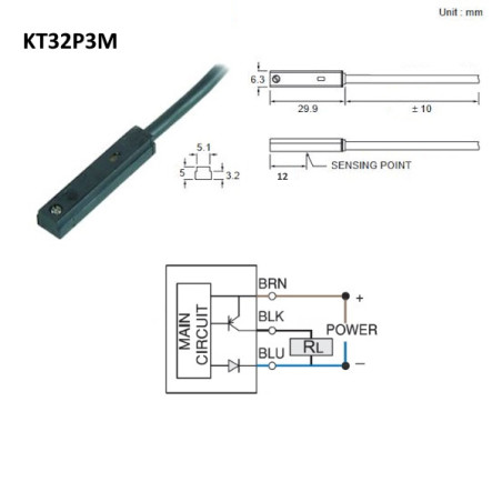 KT32P3M  Sensore magnetico resistivo  10 30Vdc  PNP  NO   3 Fili  Cavo 3 mtl