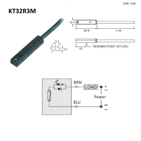 KT32R3M   Sensore magnetico resistivo  5  240Vac dc  NO  2Fili Cavo Pvc 3mtl