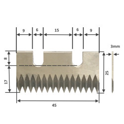 LM25-45   Lama dentata in acciaio AISI 420 HRC per Nastratrice  L 25x45mm  sp 3 mm