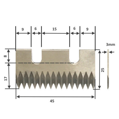 LM25-45   Lama dentata in acciaio AISI 420 HRC per Nastratrice  L 25x45mm  sp 3 mm