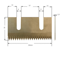 LM35-63   Lama dentata in acciaio AISI 420 HRC per Nastratrice  L 35x63mm  sp 1,5mm