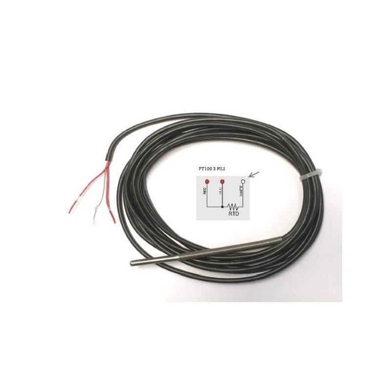 PT100B40403M  PT100B 3 fili  classe B D 4 mm  H 40 mm  cavo GSC 3 mt con molla antipiega