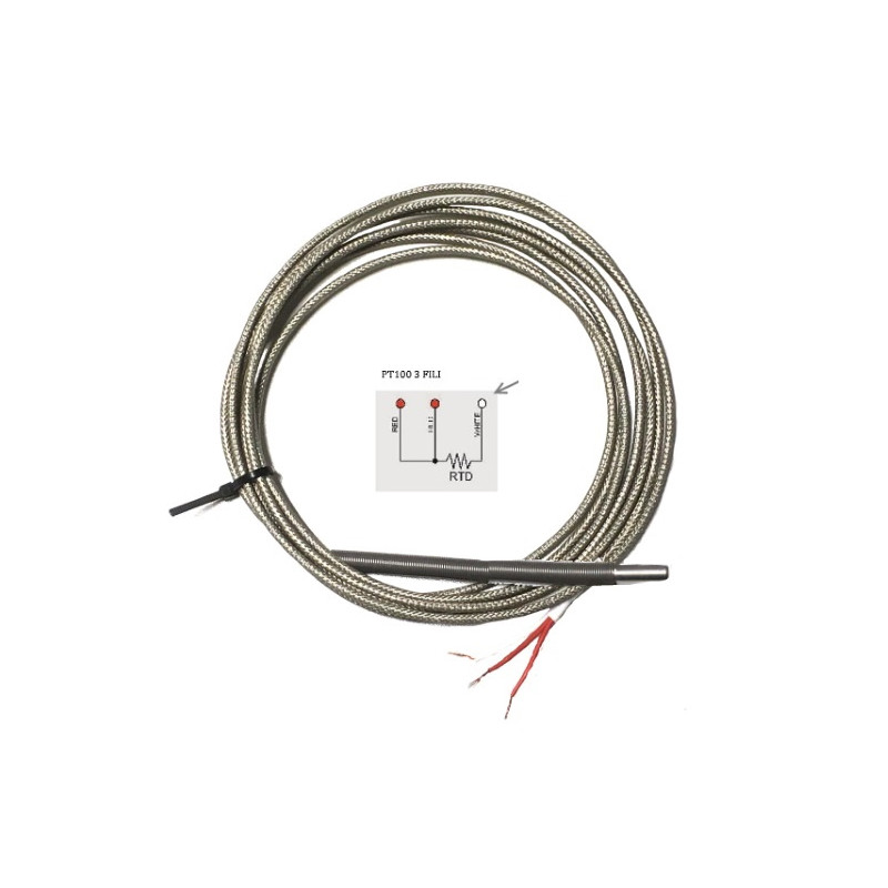 PT100B5020A3M  PT100B 3 fili classe B  D 5 mm H 20 mm cavo TTS 3 mt con molla antipiega